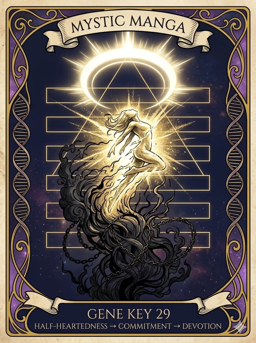 Mystical card of Gene Key 29 — Half-Heartedness → Commitment → Devotion