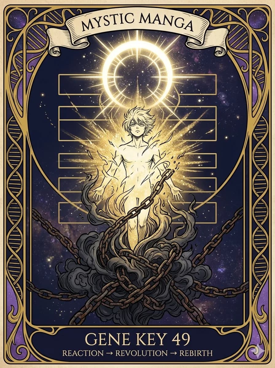 Mystical card of Gene Key 49 — Reaction → Revolution → Rebirth