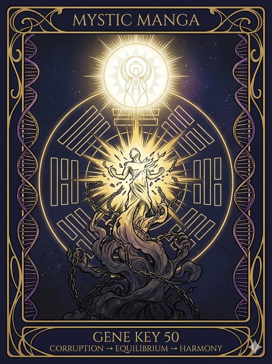 Mystical card of Gene Key 50 — Corruption → Equilibrium → Harmony