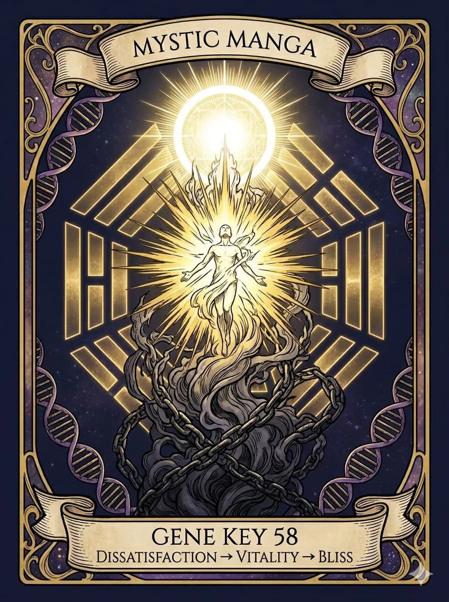 Mystical card of Gene Key 58 — Dissatisfaction → Vitality → Bliss