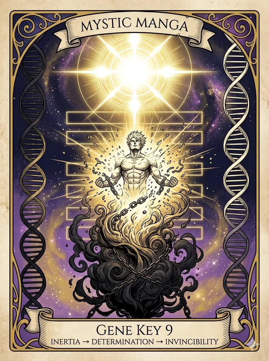 Mystical card of Gene Key 9 — Inertia → Determination → Invincibility